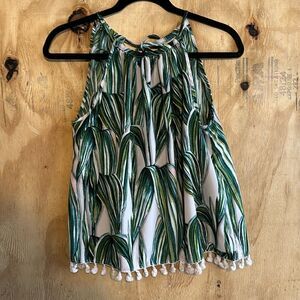 Japna Sleeveless Blouse Green Leaf Print Tassel Tank Sz M